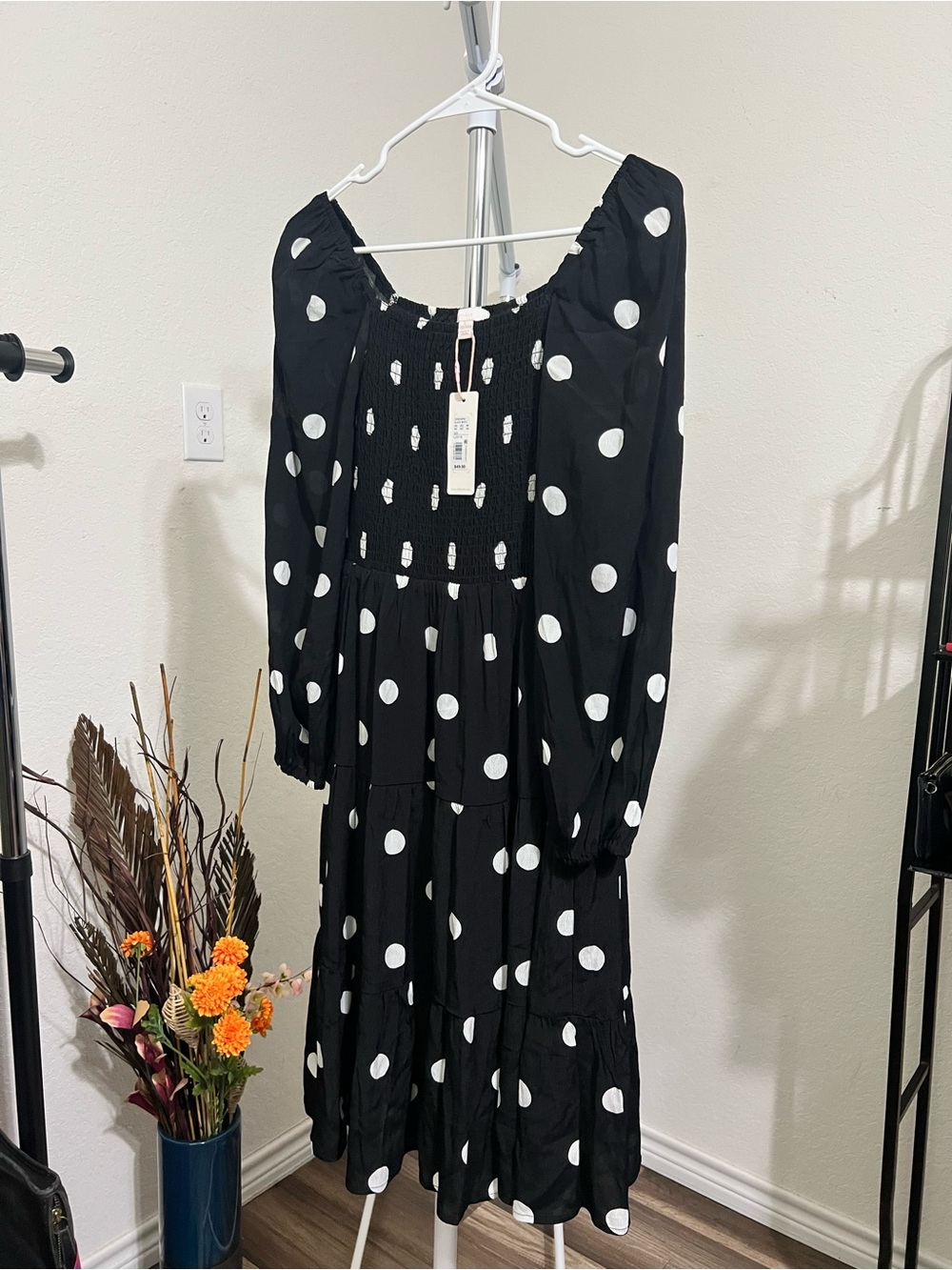 NWT GB Girls Black Polka Dot Long Sleeve Smocked Midi Dress